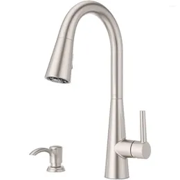 Küchenarmaturen Wasserhahn mit Pull-Down-Sprüher und Seifenspender, Einzelgriff, hohe Arc-Spot-Verteidigung, Edelstahl-Finish