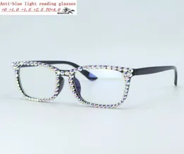 Óculos de sol feminino quadrado óculos de leitura bling strass cristal preto diamante quadro óculos anti azul leitor luz nxsunglasses2287586