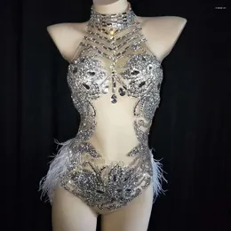 Stage Wear Luxury Gift Year Silver Crystals Mesh Bodysuit Women Feather Leotard Outfit Dance Party Costume Celebrate Dress