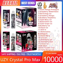 Varejo UZY Crystal Pro Max 10000 Puff Descartáveis E Cigarros 16ml Pod Bateria Recarregável Eletrônico Cigs Puff 10K 0% 2% 3% 5% RBG Light Vape Pen Kit