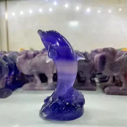 Dekorativa figurer 9cm Natural Purple Fluorit Dolphin Crystal Animal Carving Healing Energy Stone Fashion Home Decoration Gift 1st