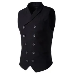 Vests 2022 Hot Men's Clothing Slim Masculino Cotton Double Breasted Sleeveless Jacket Waistcoat Suit Collar Men Suit Vest