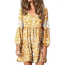 Vestidos casuais hycool chegada samoan tribal impressão amarelo atacado polinésia mulheres roupas sexy v-pescoço lanterna manga vestido