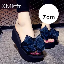 Slippers XMISTUO Large Size Stretch Fabric NonSlip Open Toe Elastic Cloth Belt Bow Sandals Home 7CM High Heels Beach Wedges Slippers