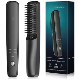 Ferros de alisamento de cabelo usb chargeblacktraval escova pente íon negativo aquecimento sem fio pente de cabelo para homens barba mulher