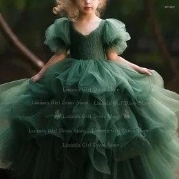 Flickaklänningar Green Tulle Ball-klänning Tiered Short Puff Sleeve Flower For Wedding Communion Party Pageant Clothes Made FL4-1.3