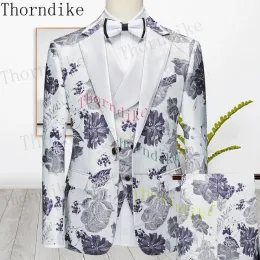 Suits Thorndike New Men Casual Boutique Business Slim Print Flower Single Breasted Formal Suit Set Dress Blazers Jacket Pant Vest