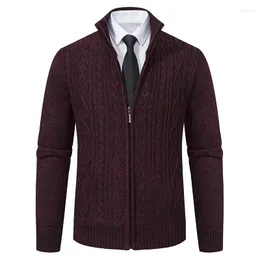 Herrjackor zip upp cardigan tröja kappjackan stativ krage högkvalitet stickat geometriskt mönster avslappnad fast färg outwear