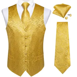 Coletes luxo paisley colete de ouro para homem formal amarelo sólido colete de seda gravata bolso quadrado casamento negócios chaleco hombre