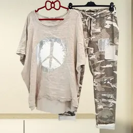 1 Set Tshirt Pants Oneck Dwuczęściowy asymetryczna koronka 240315