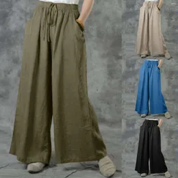 Women's Pants Palazzo Wide Leg For Women Coton Linen Solid Color Floor Length Pleated Trousers Casual Summer Drawstring High Waist