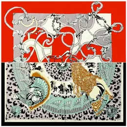 130 cm Brand Square Women 100% Silk Scarf Pashmina Design Retro Color Leopard Belt Chain Women Shawl Bandana Kerchief 240314