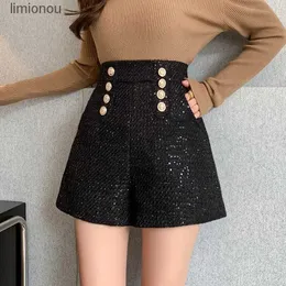 Kvinnors shorts Autumn Winter Tweed Shorts for Women Lose Wide Leg Korean Style Slim Double Breasted paljetter Woolen Shorts Femininos Ropa Mujerc243128