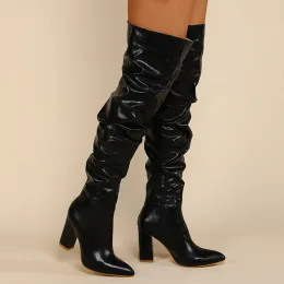 Botas comemore as mulheres Overtheknee Boots Punk Square High Sapatos de Zíper de Inverno de Inverno Planteado Ponto de cor sólida Lady Lady Booties