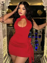 Vestidos casuais boofeenaa vermelho curto festa mulheres sexy night club outfits 3d apliques florais cortar backless halter vestido C85-DD23