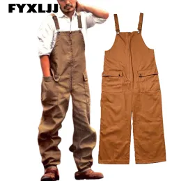 Macacão fyxljj moda masculina jeans lavagem macacão streetwear vintage bolso solto masculino suspender calças bib calças de trabalho macacão pantalones