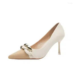 Dress Shoes Beige Spike Metal Buckle Splicing Ultra-Fine Heel Tacones Para Mujer Soft And Comfortable Slip-On Pumps 2024