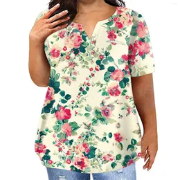 Camiseta feminina moda plus size casual manga curta em torno do pescoço estampa floral camiseta com bolsos topos de talla grande camisas e blusas