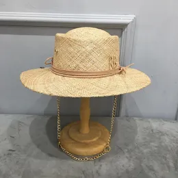 arrival raffia straw hat for women with letter and chain Wide Brim Floppy Sun Hat Summer Hats Lady Beach Cap 240311