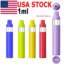 USA STOCK Disposable Vape Pen 1ml E-cigarette Pod Thick Oil Vaporizer Stemless Postless Ceramic Coil Empty Rechargeable 400mah Battery 5 Colors Snap In Tip Round Pens