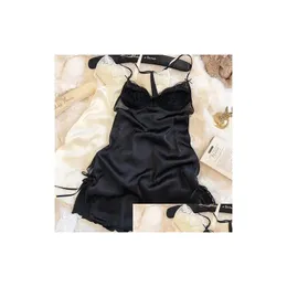 Mulheres sleepwear francês nightwear lingerie y mulheres nightgowns backless beleza pulseira sem fio sutiã fino laço cetim vestido de sono drop d otkm4