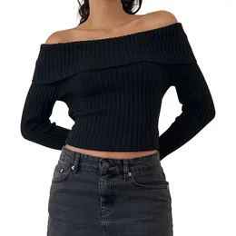 Kvinnors tankar Kvinnor Slim Knit Sweater Crop Tops Solid Color Boat Neck Long Sleeve Pullovers Fall Winter Off Shoulder Jumpers Streetwear