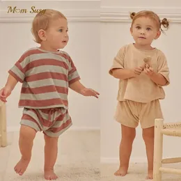 Baby Mädchen Junge Baumwolle Handtuch Stoff Kleidung Set T-shirtShorts 2PCS Säugling Kleinkind Kind Hause Anzug Sommer 15Y 240314