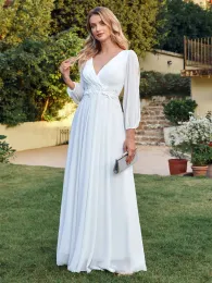 Verão praia boêmio a linha vestidos de casamento com decote em v manga longa rendas chiffon vestidos de noiva soltos feminino maxi vestido cps3035