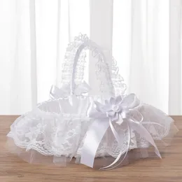 Party Decoration Bowknot Petal Basket White Flower Girls Silk Wedding Bride/Kids Hand Held Ceremony Decorations