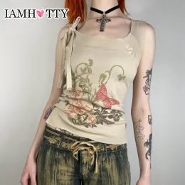 Tops IAMHOTTY Y2K Laceup Bow Tank Top Fairycore Grunge Floral Printed Sleeveless Tops Khaki Boho Aesthetic Chic Camis Vintage Vest