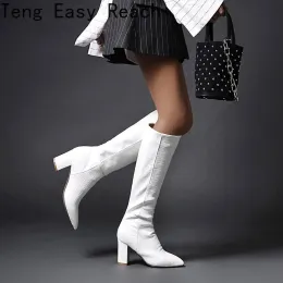 Stivali 2024 Western Cowboy Knee High High Boots Fucide Women Coots Wedges Hight Tels Stivali lunghi scarpe con cerniera inverno autunno