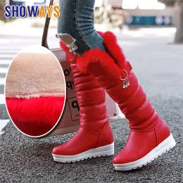 Botas de inverno mulheres coelho penhas macias de joelho botas de neve vermelho branco preto anel de cristal casual altura aumentou plataforma ladra longa botas