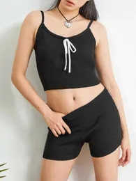 Damen-Trainingsanzüge, Wsevypo, 2-teiliges Top-Shorts-Set, Sommer-Ästhetische Grunge-Kleidung, ärmellos, Schleife, Slip-Strick-Cami-Tops, niedriger Bund