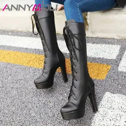 Botas annymoli Knee de inverno Botas altas femininas lace up plataforma saltos de plataforma boots longos moda moda extremo alto sapato de salto alto damas grandes tamanho 43