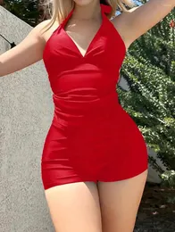 Kvinnors badkläder solid färg en bit baddräkt 2024 konservativ tankini år gåva röd bikini sexig v-hals rygglös monokini