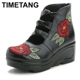 Pumps Timetang Frauen Blumen Sandalen Schuhe Hang lässige Lederschuhe Mode bestickte Damen Vintage wasserdichte Plattform Schuhe