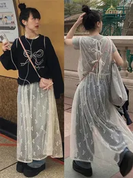 Casual klänningar spets se genom kvinnor midi klänning ärmlösa bågtryck kvinnliga 2024 vår sommar mode chic lady vestidos