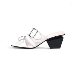 Slippers 2024 Women White Leather Buckle Strap Casual Summer Shoes 6cm Square High Heels Black Slides Femininos Zapatillas
