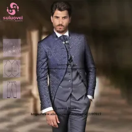 Takım elbise moda yüksek yakalı çiçek smokin takım elbise erkekler ince fit jacquard 3 adet pantolon set damat düğün yemeği partisi blazer maskulino