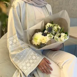 エスニック服ラマダンコットンリネンオープンアバヤ女性イスラム教徒の控えめなドレスイード刺繍ドバイイスラムターキードレスゆるい長袖カフタン
