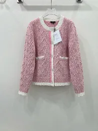 CHAN2024 Early Spring New Women's clothe Contrast round neck cardigan Pink coat CC round neck jacket Fashionable style cardigan Versatile coat