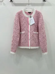 CHAN2024 Frühjahrsneue Damenbekleidung Kontrast-Strickjacke mit Rundhalsausschnitt Rosa Mantel CC-Rundhalsjacke Modische Strickjacke Vielseitiger Mantel