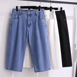 155Kg Plus Size Women Hip 150 Summer Loose Denim Capris High Waisted Straight Stretch Wide Leg Pants 4XL 5XL 6XL 7XL 8XL 9XL 240315