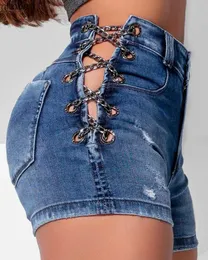 Damenjeans Damenjeans Sexy High Waist Grommet Eyelet Chain Lace-up Ripped Denim ShortsC24318