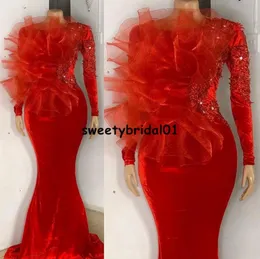 Vestidos formale red Velvet Velivery Dresses Woman Night Lace African Mermaid Prom Dress Long Sleeves Arvic Party Orvics9806633