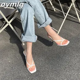 Sandaler 2022 NYA SUMMER MIDHEEL AllMatch Stiletto Sexig White Thinstrap Squaretoe Highheeled Sandals Flipflops for Women Pumps