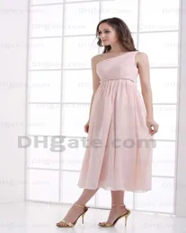 2015 rosa um ombro plissado chiffon vestidos de dama de honra império fita comprimento do chá vestidos MZ0871632382