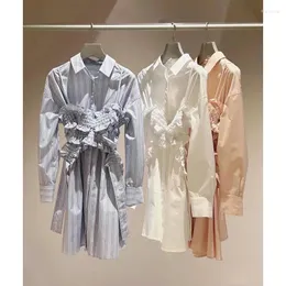 Work Dresses Kuzuwata Ruffles Lace Up Set Sling Turn-down Collar Long Sleeve Shirt Dress Japan 2024 Spring Moda Suits Casual Vestidos