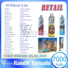 Orijinal Randm Tornado 7000 Puf Verilebilir Vape Kalem 14ml Ön Doldurulmuş Pod Mesh Bobin 100mAH Şarj Edilebilir Pil Hava Ayarlanabilir% 5% 5 Seviye Puflar 7K E Sigara 50 Flavors