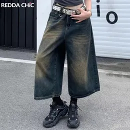 Jeans femininos reddachic bigodes baggy jorts para mulheres verão azul lavagem alta ascensão reta casual perna larga calças curtas coreano y2k denim